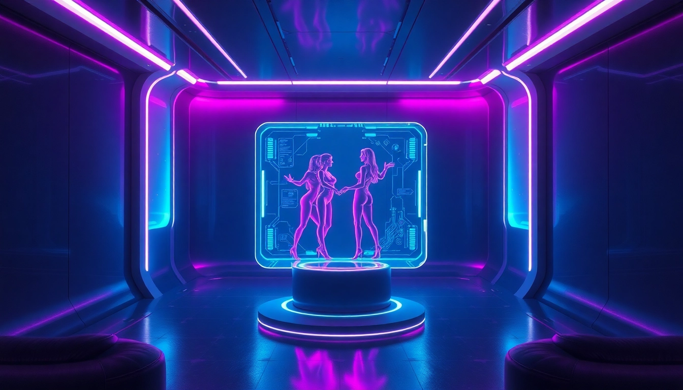 An immersive scene of a futuristic room with holographic AI characters displayed on a high-tech interface, glowing with vibrant colors and ambient lighting.