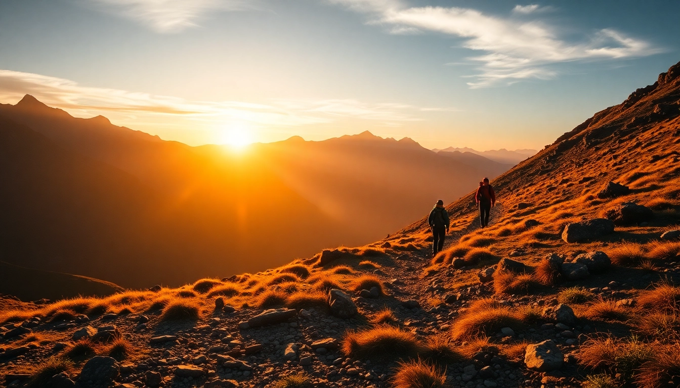 Trekking in lush mountain landscape with hikers navigating rugged terrain, capturing outdoor adventure and natural beauty.