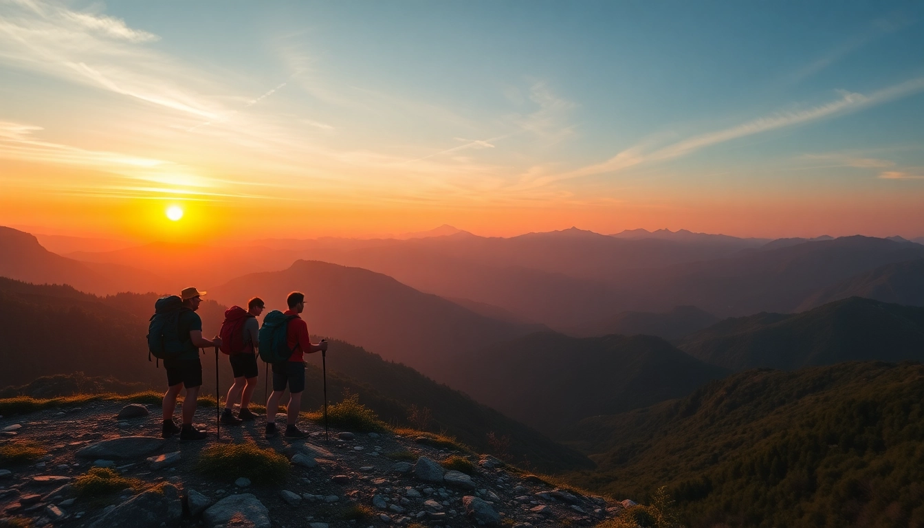 Participants enjoying a guided trek through tropical jungle mountains with guide pointing at scenic view, showcasing adventure and natural beauty.