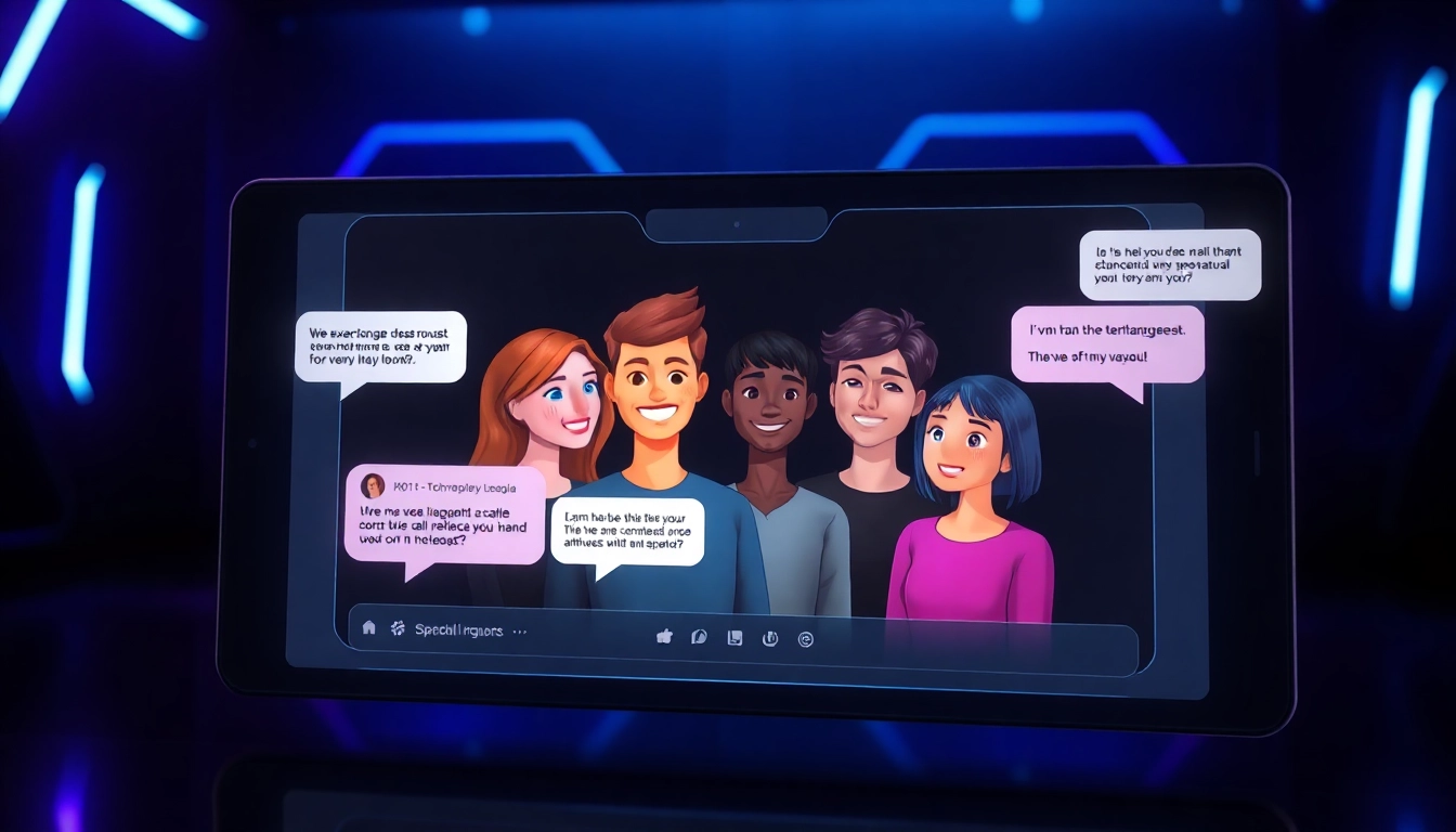 Futuristic digital chat interface with diverse AI characters in conversation, glowing accents, and sleek UI design.