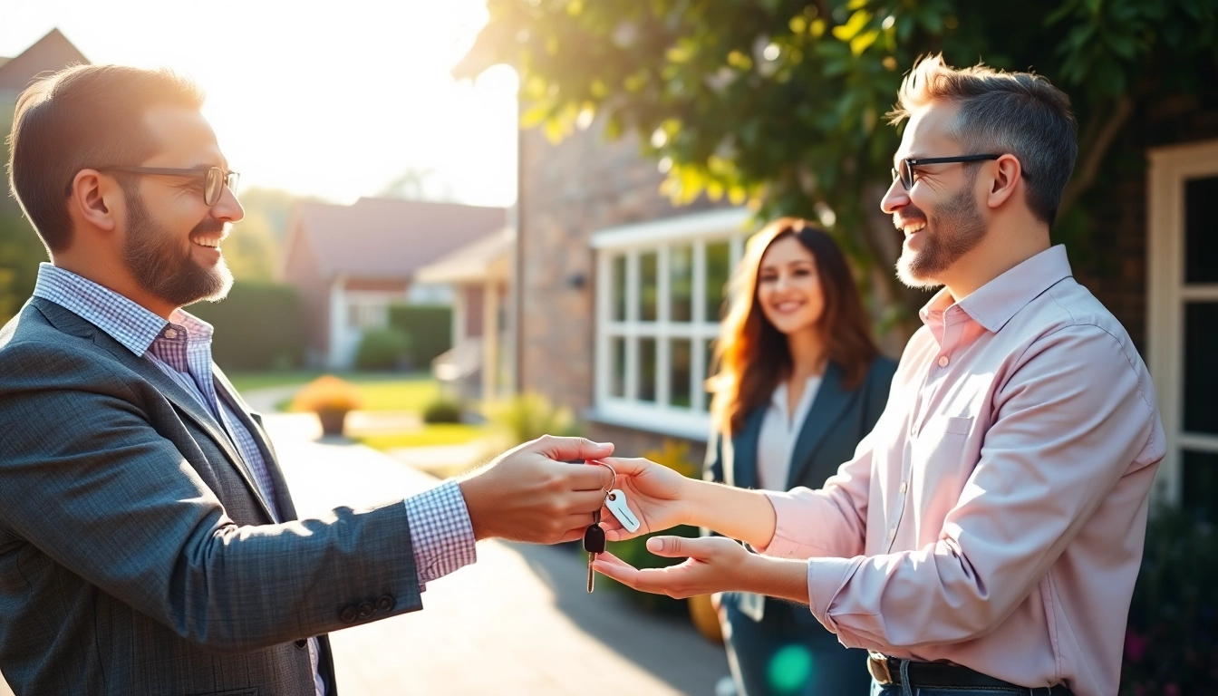Makler Grevenbroich offers expert property services with a friendly agent handing over keys outdoors in Grevenbroich surroundings.