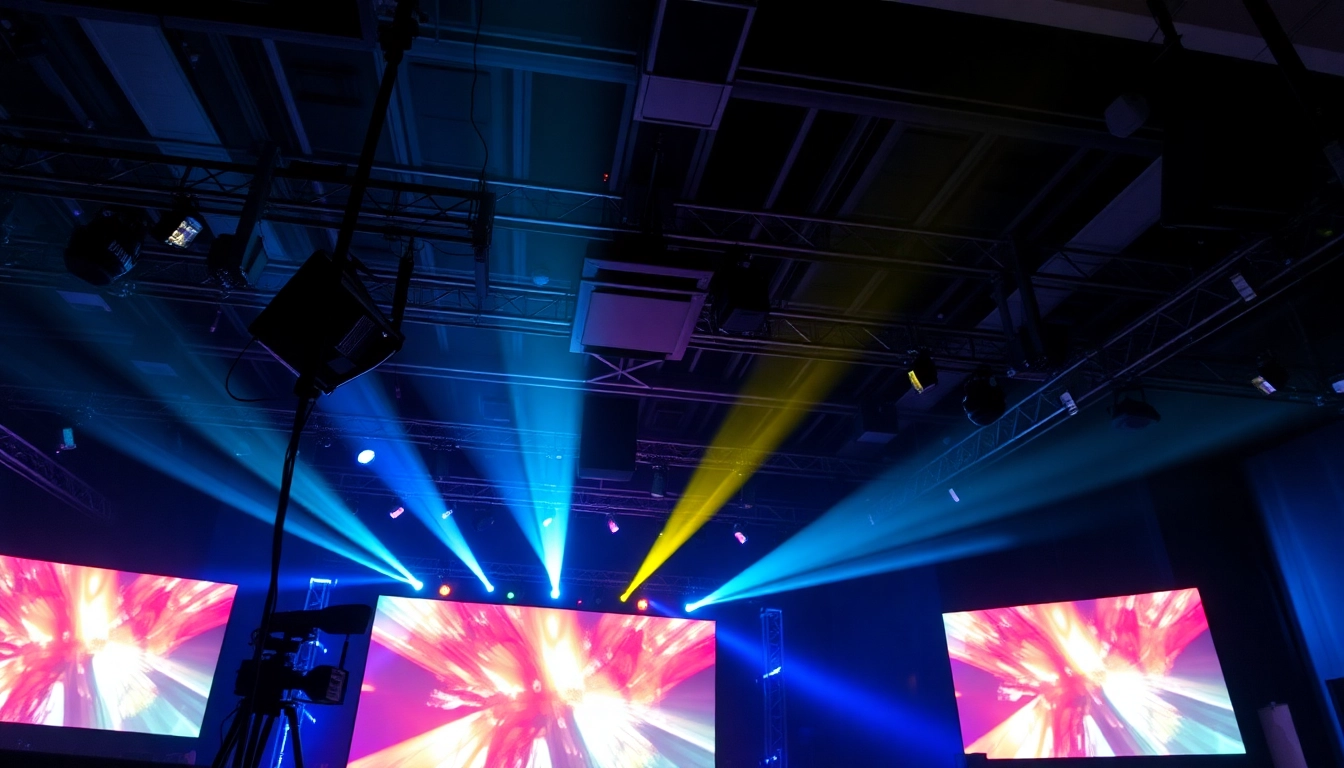 Hybrid Events Köln: Modern event setup with lights, screens, and cameras for seamless hybrid experiences in Cologne.