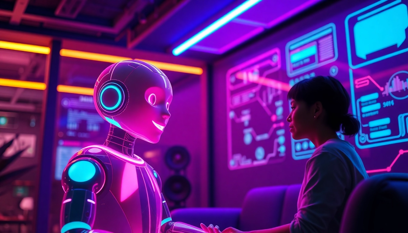 A futuristic digital chat room with a holographic AI character engaging in conversation with a user avatar, illuminated by neon lights.