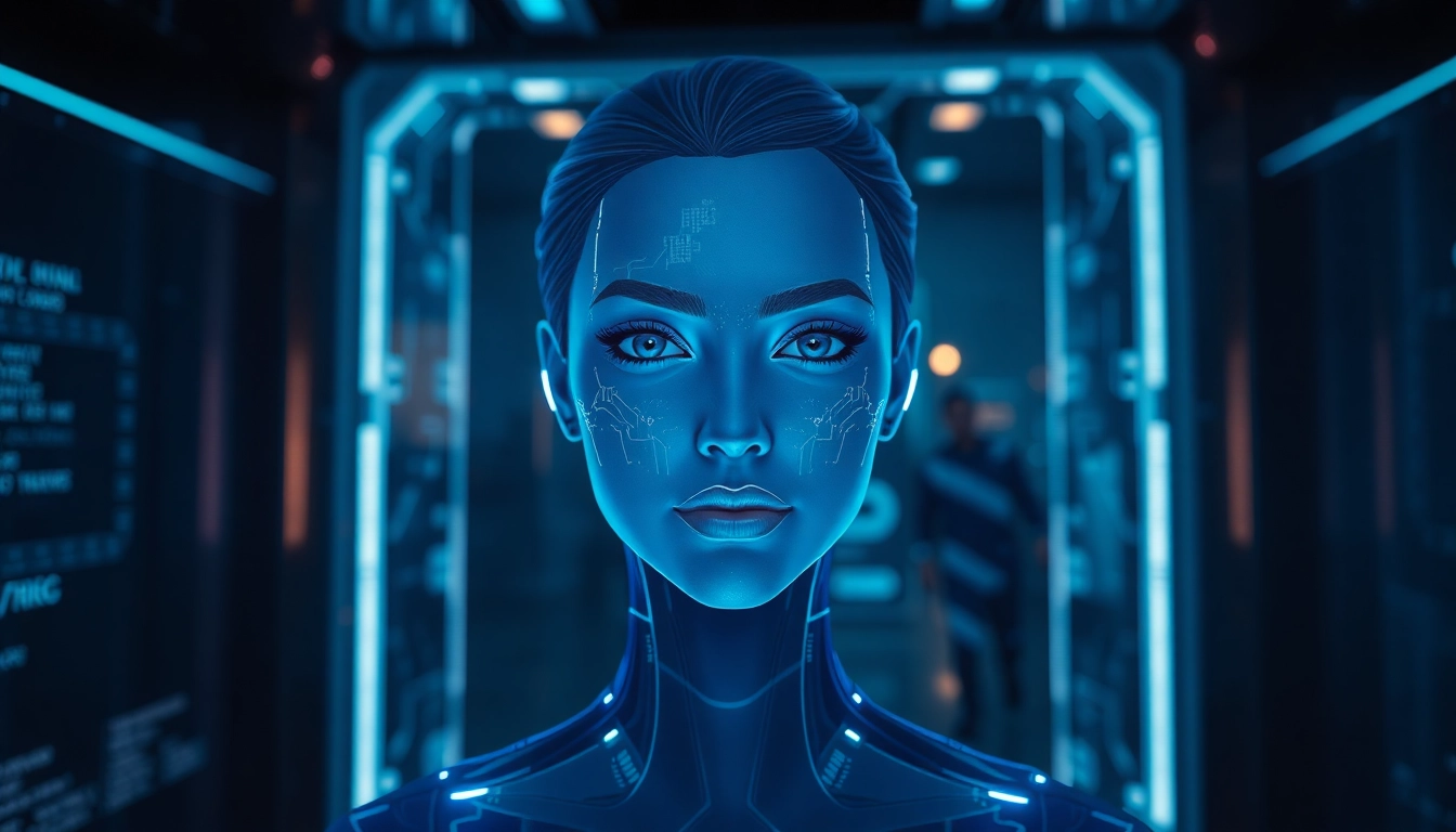 Futuristic AI hologram of a female character in a high-tech digital environment with glowing accents and advanced interfaces.