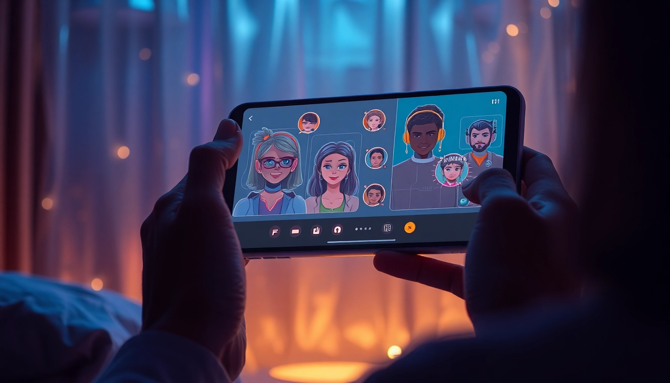A person using a futuristic device with colorful AI characters on the screen in a cozy, dimly lit room.