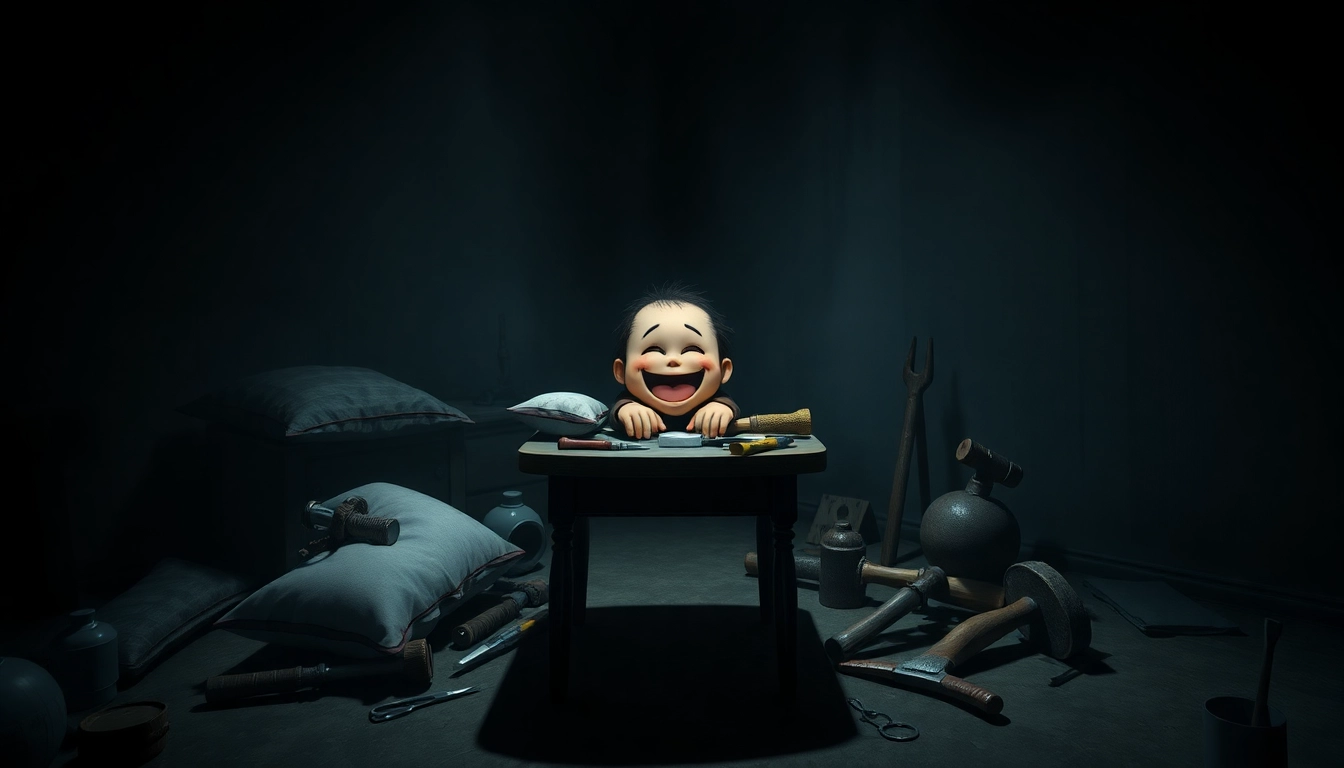 A disturbing scene of Harvey, a cheerful character, surrounded by violent tools in a dark, gritty room, evoking unease and moral conflict.