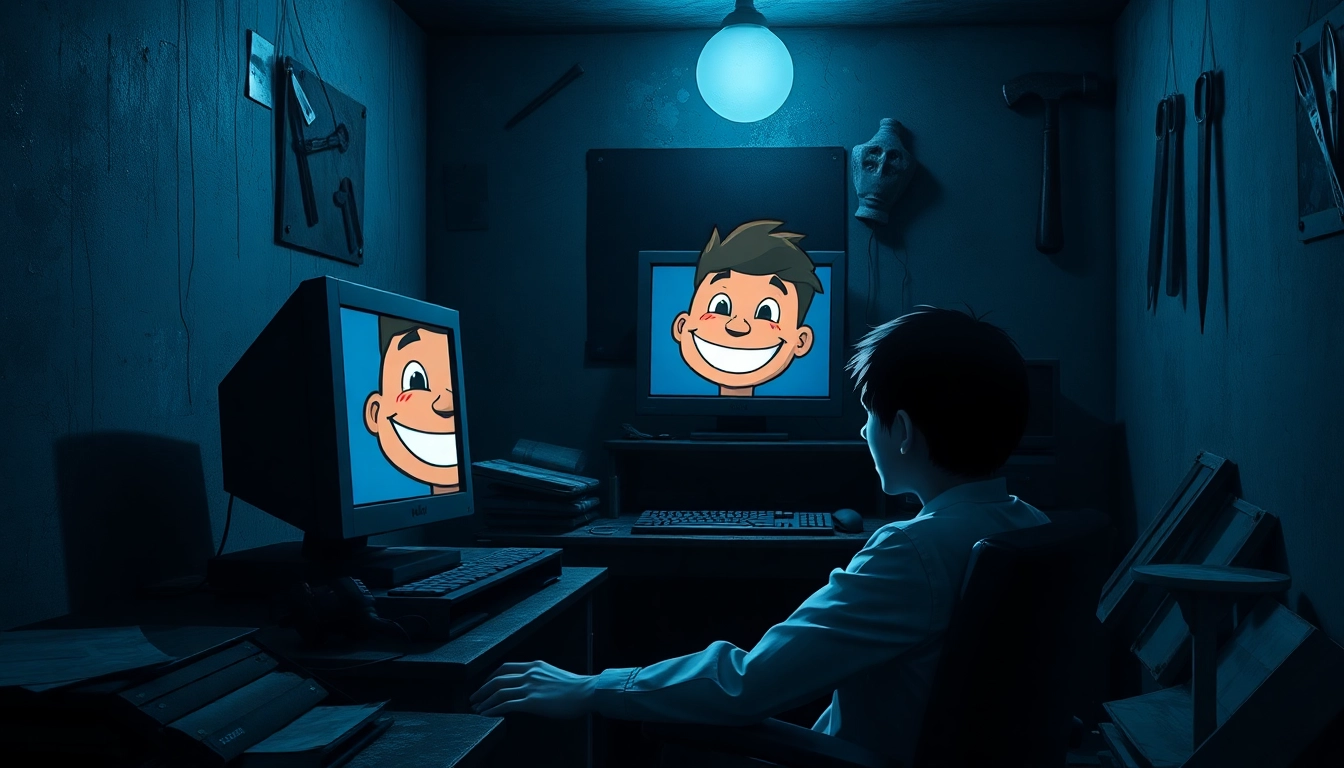 An unsettling image of a person at a desk with a computer screen showing Harvey, a cheerful character, but with a dark, tense atmosphere suggesting moral conflict and psychological horror.
