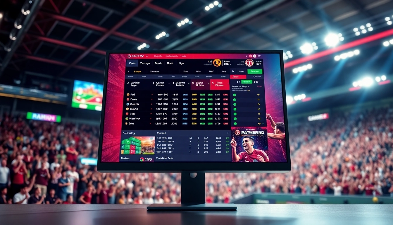 A lively sports betting platform interface with a stadium background and vibrant odds display, capturing excitement and energy.