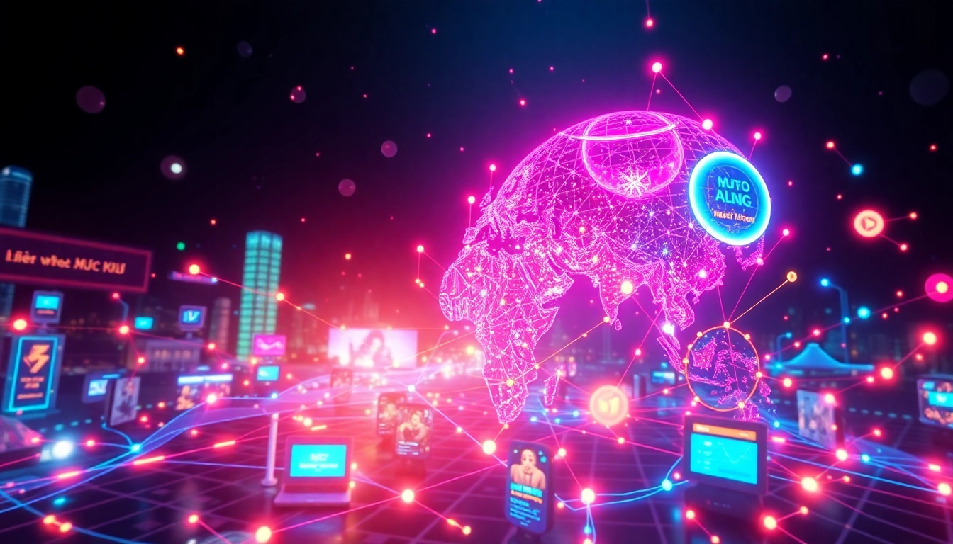 Global entertainment ecosystem led by Lien minh KJC with interconnected digital nodes and