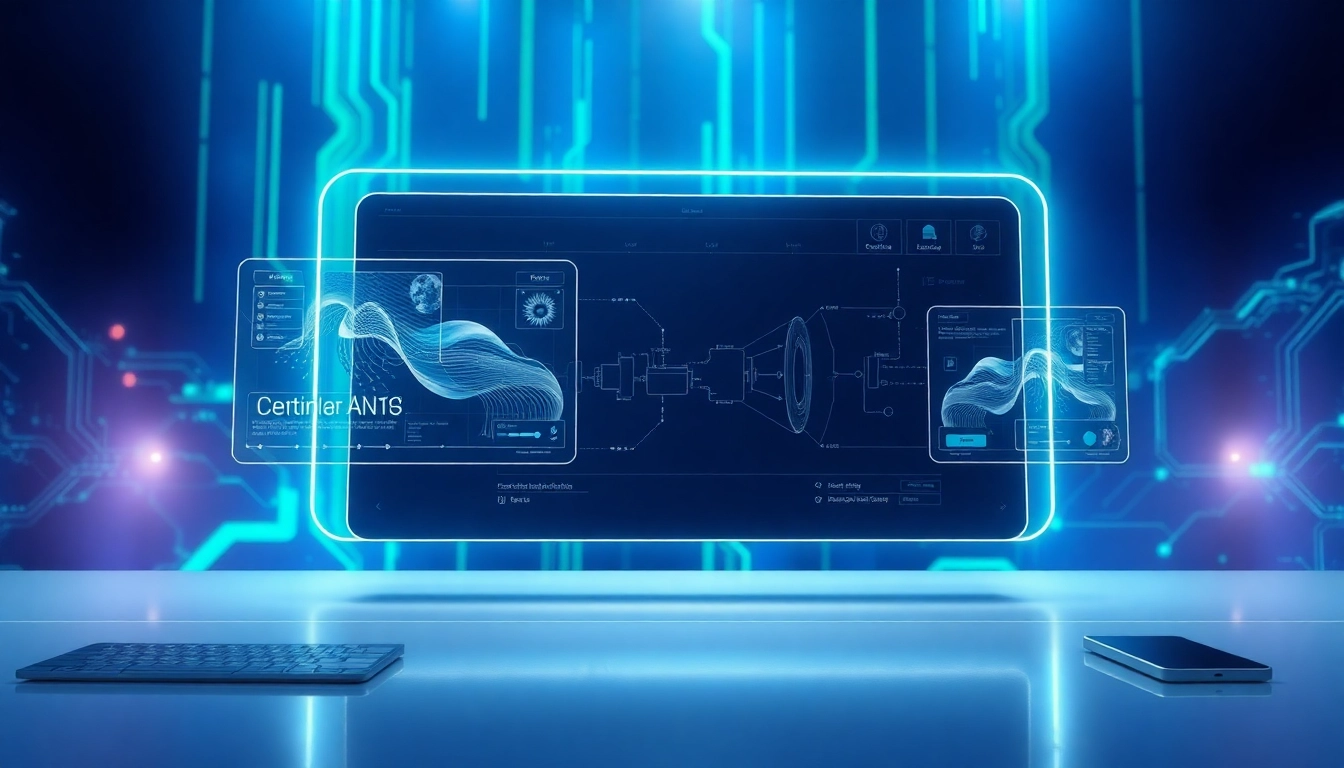 A futuristic AI image editing interface with holographic panels and vibrant glowing accents.