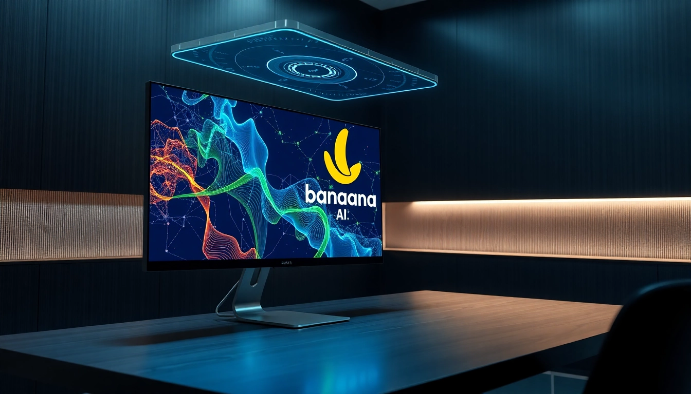A futuristic workspace with advanced AI image editing technology in action, featuring holographic interfaces and vibrant lighting.