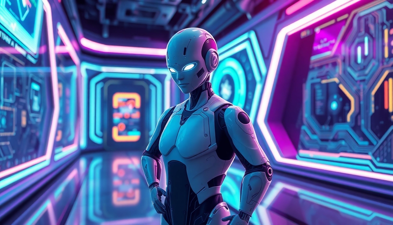 Futuristic AI character in a cyberpunk environment with neon lighting and holographic tech.