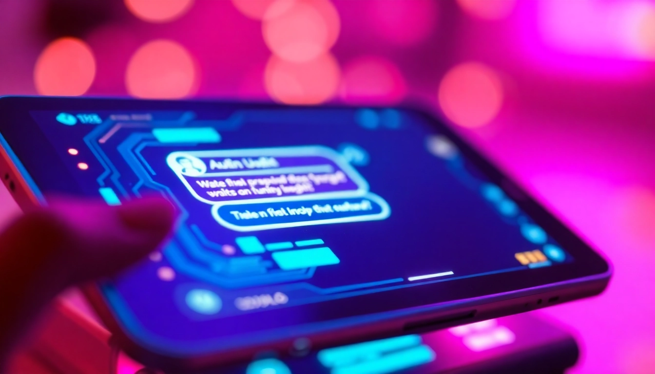 Close-up of a futuristic device screen showing an AI chat interface with vibrant colors, suggesting adult-themed conversations.