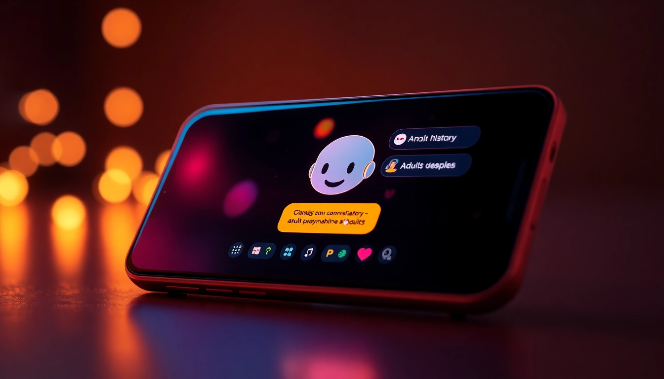 Futuristic smartphone displaying an AI chatbot interface with a friendly character and vibrant UI elements.