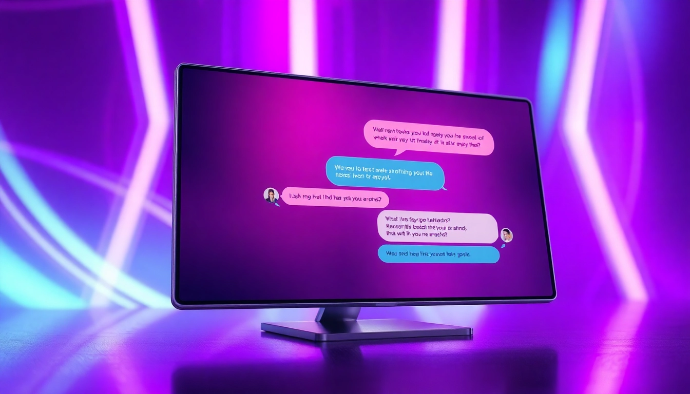 Futuristic digital illustration of an adult chat interface with neon lights and flirtatious AI conversation.