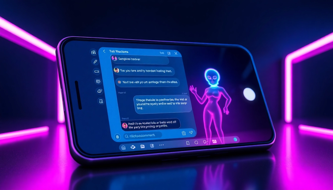 Futuristic AI chatbot interface with alluring holographic characters in a neon-lit setting.