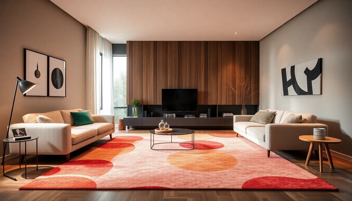 Stylish room featuring a vibrant tappeto moderni Milano with geometric patterns, enhancing