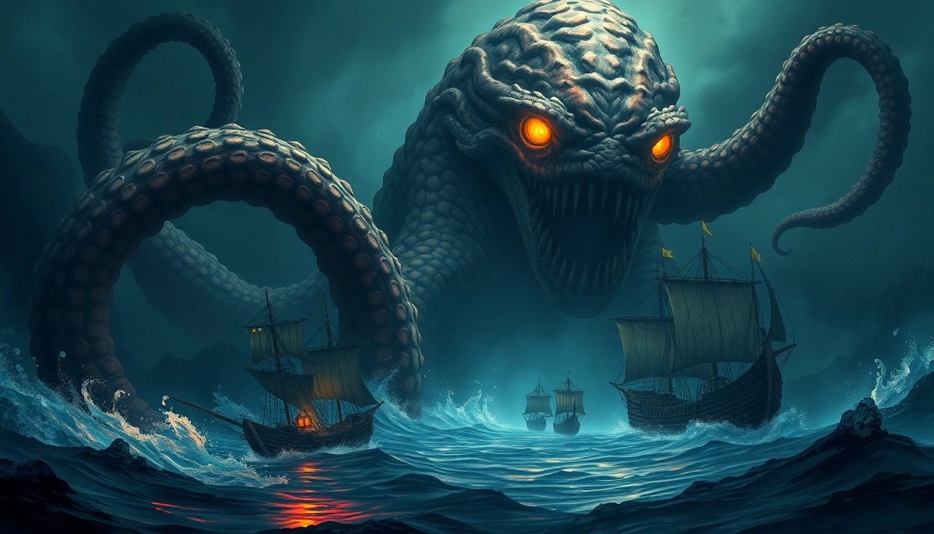 The kraken attacking a ship with its giant tentacles and glowing eyes in dark ocean depths for